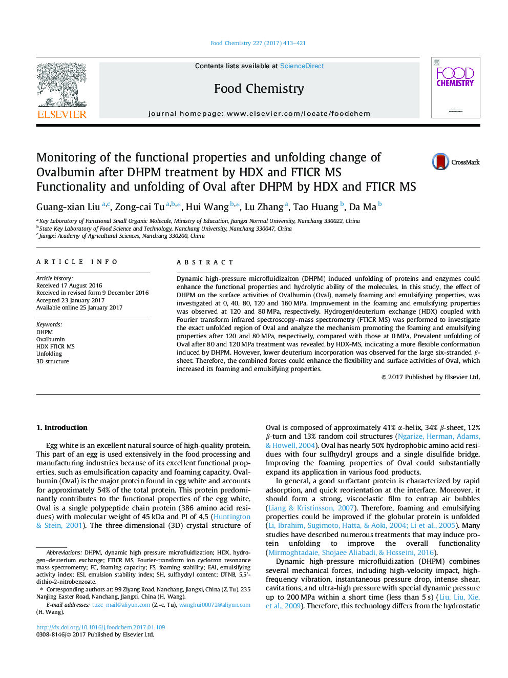 Monitoring of the functional properties and unfolding change of Ovalbumin after DHPM treatment by HDX and FTICR MS: Functionality and unfolding of Oval after DHPM by HDX and FTICR MS