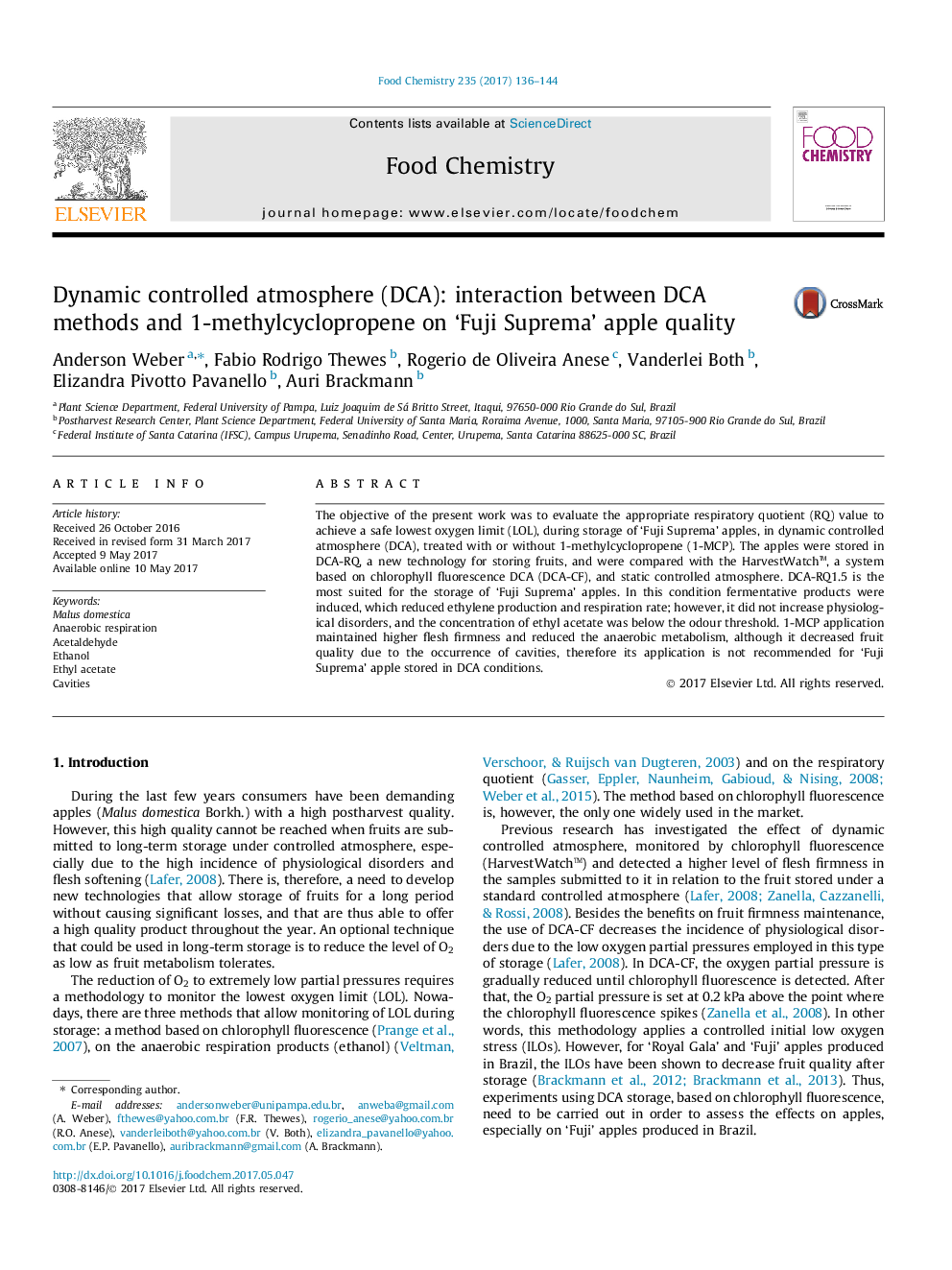 Dynamic controlled atmosphere (DCA): interaction between DCA methods and 1-methylcyclopropene on 'Fuji Suprema' apple quality