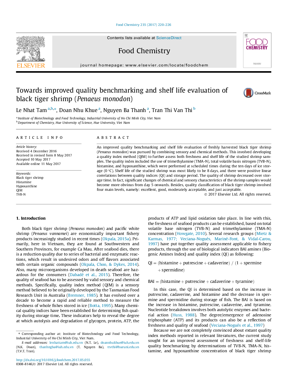 Towards improved quality benchmarking and shelf life evaluation of black tiger shrimp (Penaeus monodon)