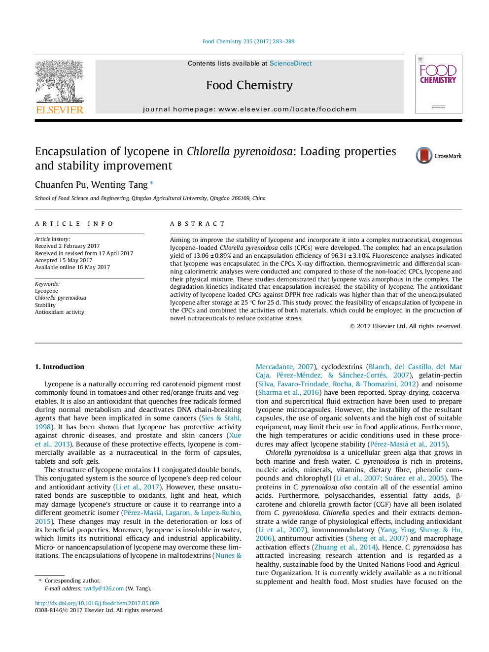 Encapsulation of lycopene in Chlorella pyrenoidosa: Loading properties and stability improvement