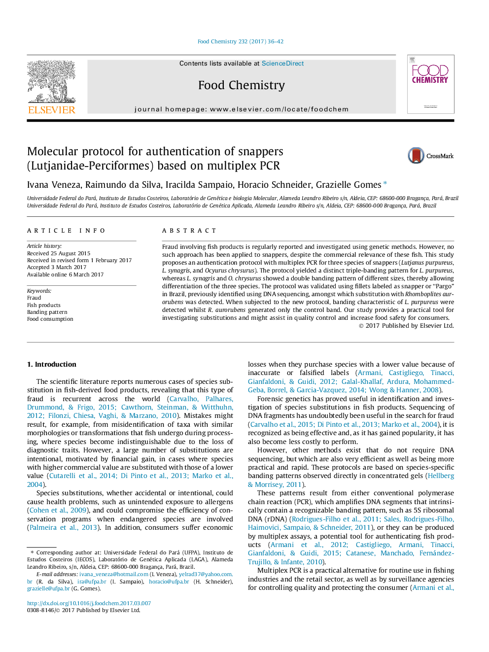 Molecular protocol for authentication of snappers (Lutjanidae-Perciformes) based on multiplex PCR