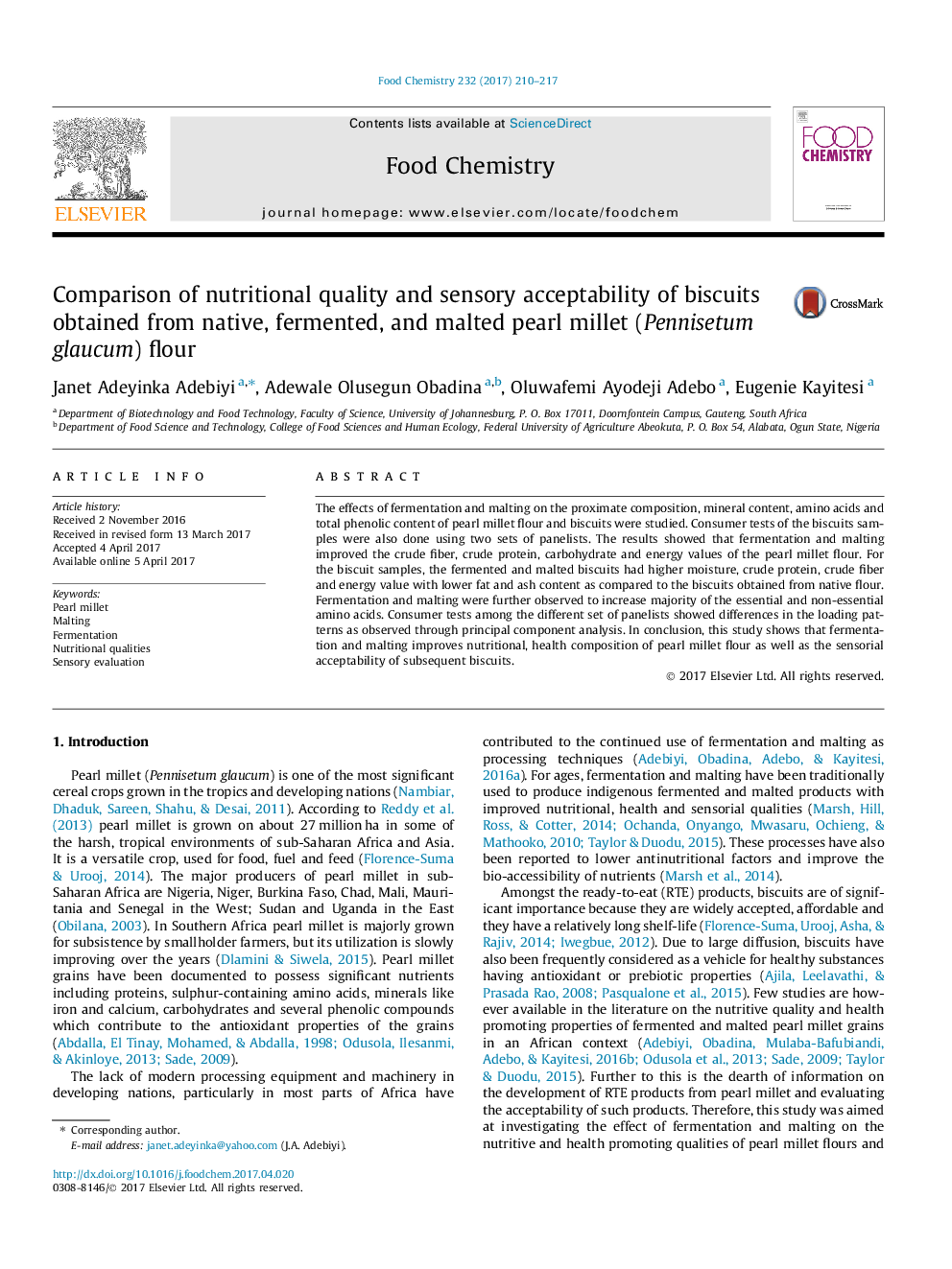 Comparison of nutritional quality and sensory acceptability of biscuits obtained from native, fermented, and malted pearl millet (Pennisetum glaucum) flour