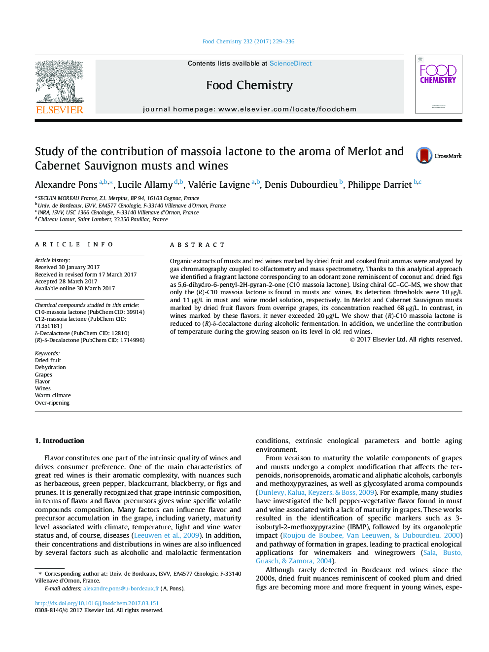 Study of the contribution of massoia lactone to the aroma of Merlot and Cabernet Sauvignon musts and wines