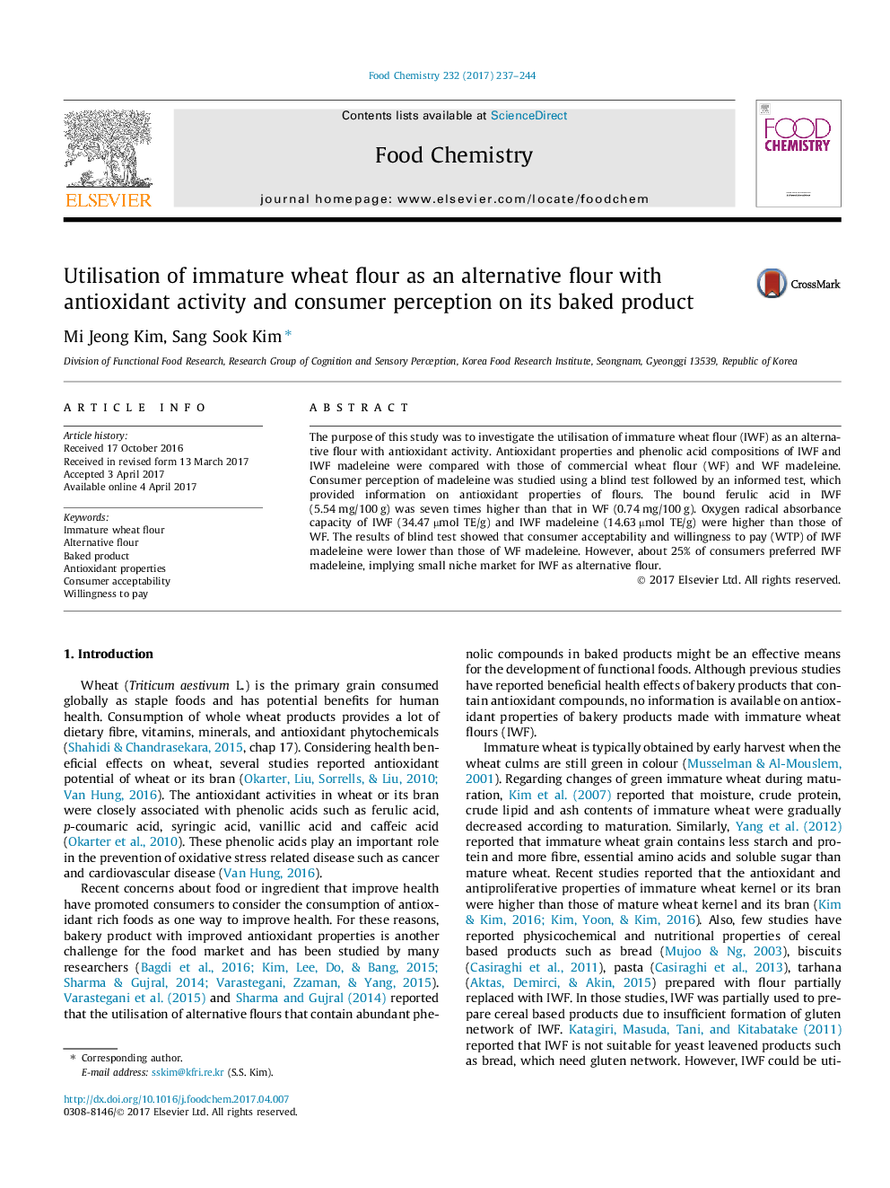 Utilisation of immature wheat flour as an alternative flour with antioxidant activity and consumer perception on its baked product