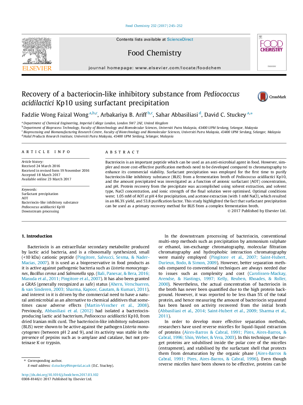 Recovery of a bacteriocin-like inhibitory substance from Pediococcus acidilactici Kp10 using surfactant precipitation