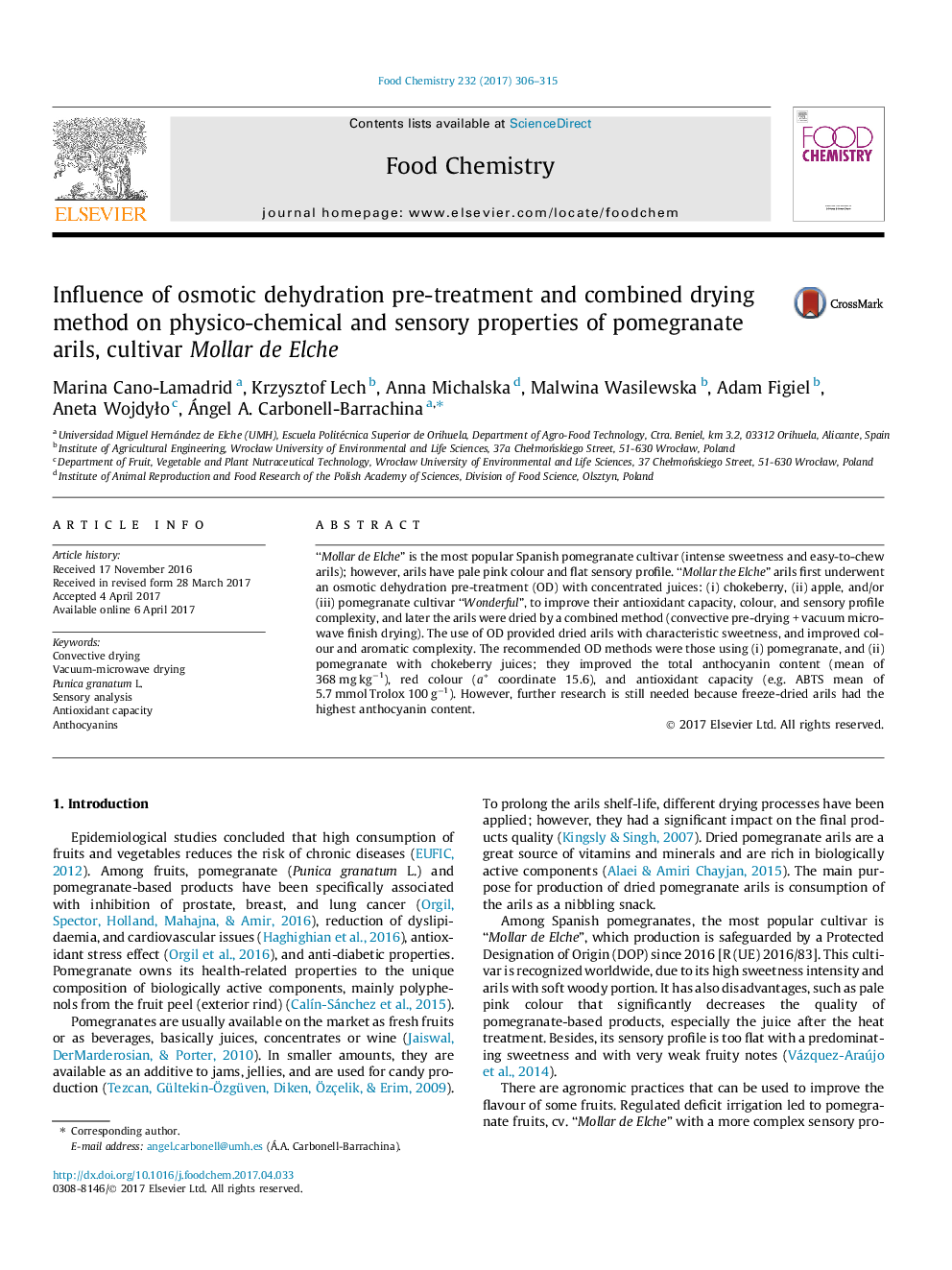 Influence of osmotic dehydration pre-treatment and combined drying method on physico-chemical and sensory properties of pomegranate arils, cultivar Mollar de Elche