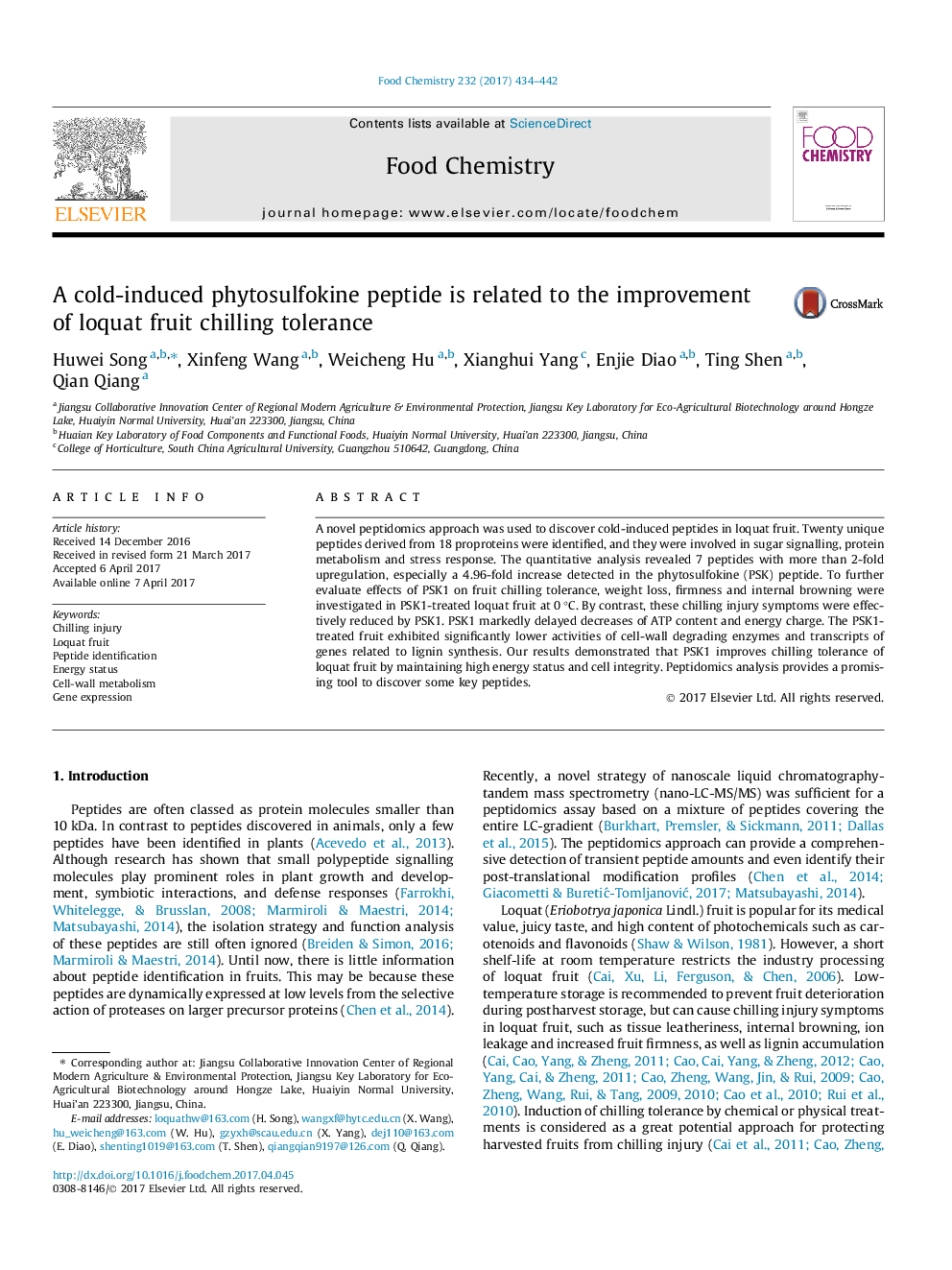 A cold-induced phytosulfokine peptide is related to the improvement of loquat fruit chilling tolerance