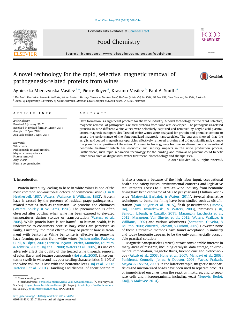 A novel technology for the rapid, selective, magnetic removal of pathogenesis-related proteins from wines