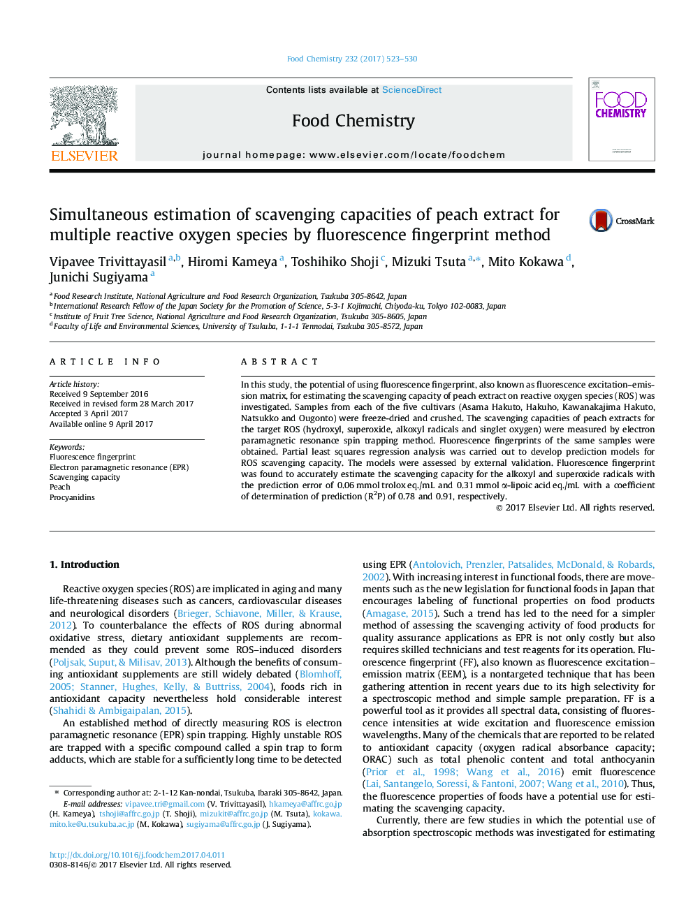 Simultaneous estimation of scavenging capacities of peach extract for multiple reactive oxygen species by fluorescence fingerprint method