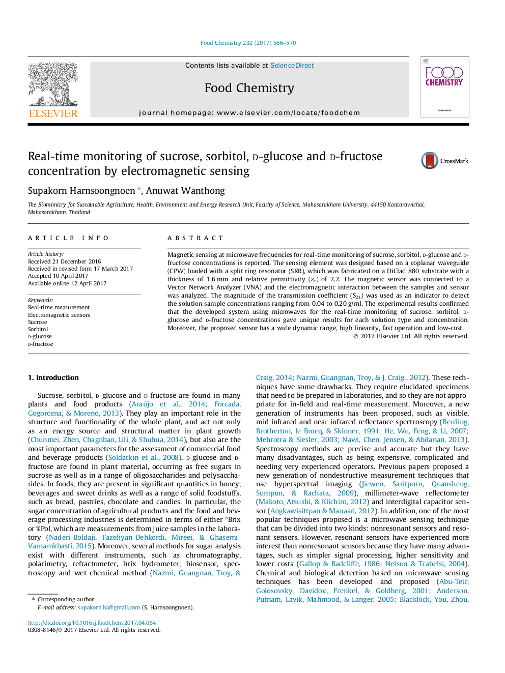 Real-time monitoring of sucrose, sorbitol, d-glucose and d-fructose concentration by electromagnetic sensing