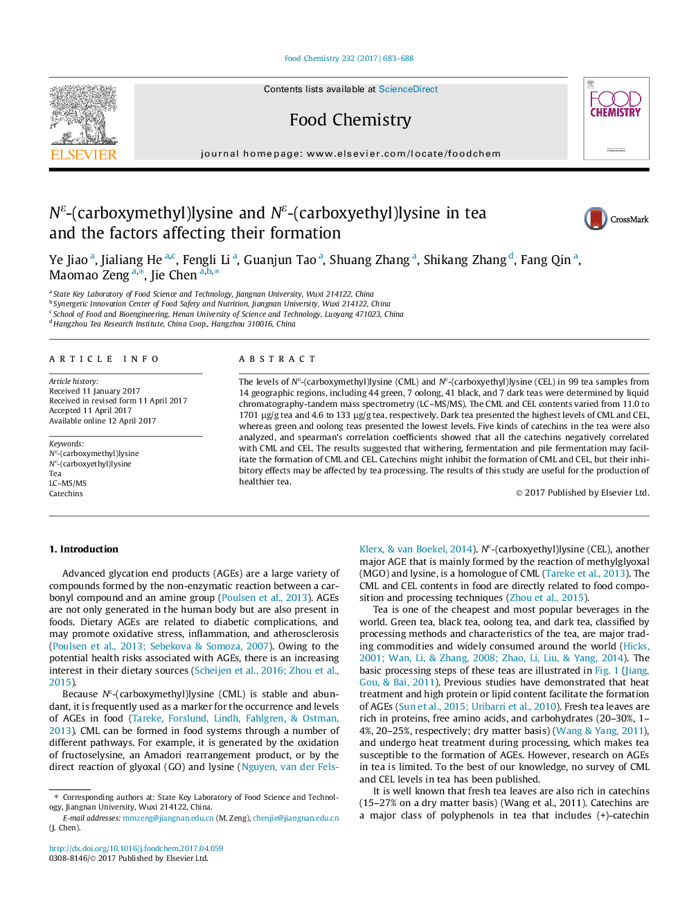 NÎµ-(carboxymethyl)lysine and NÎµ-(carboxyethyl)lysine in tea and the factors affecting their formation