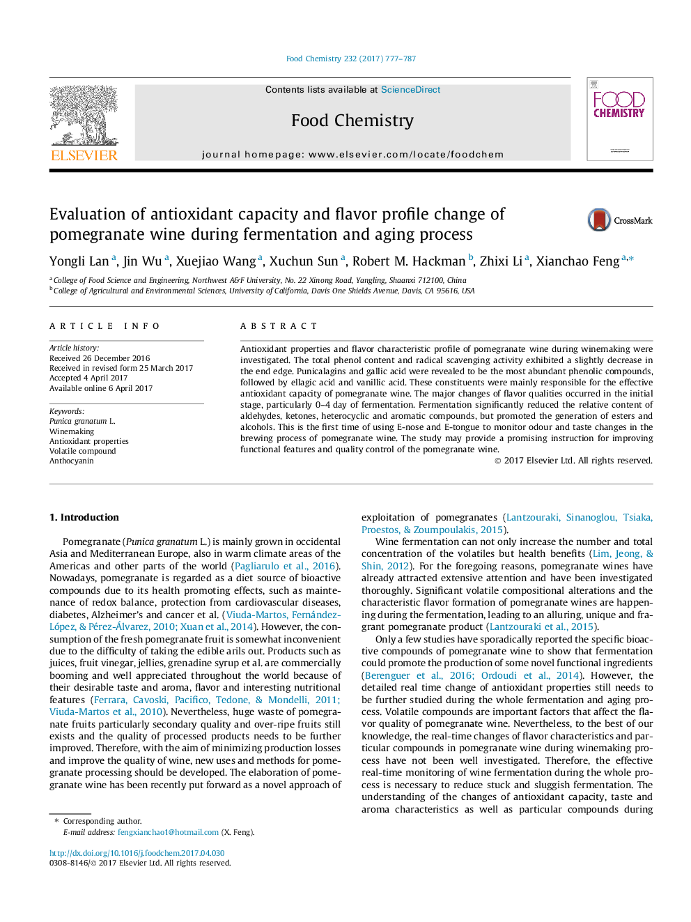 Evaluation of antioxidant capacity and flavor profile change of pomegranate wine during fermentation and aging process