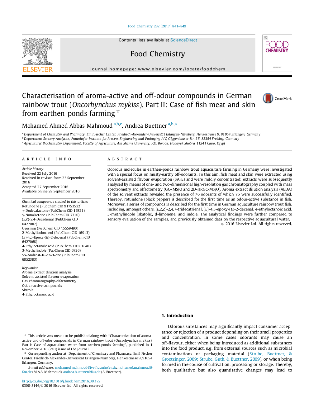 Characterisation of aroma-active and off-odour compounds in German rainbow trout (Oncorhynchus mykiss). Part II: Case of fish meat and skin from earthen-ponds farming