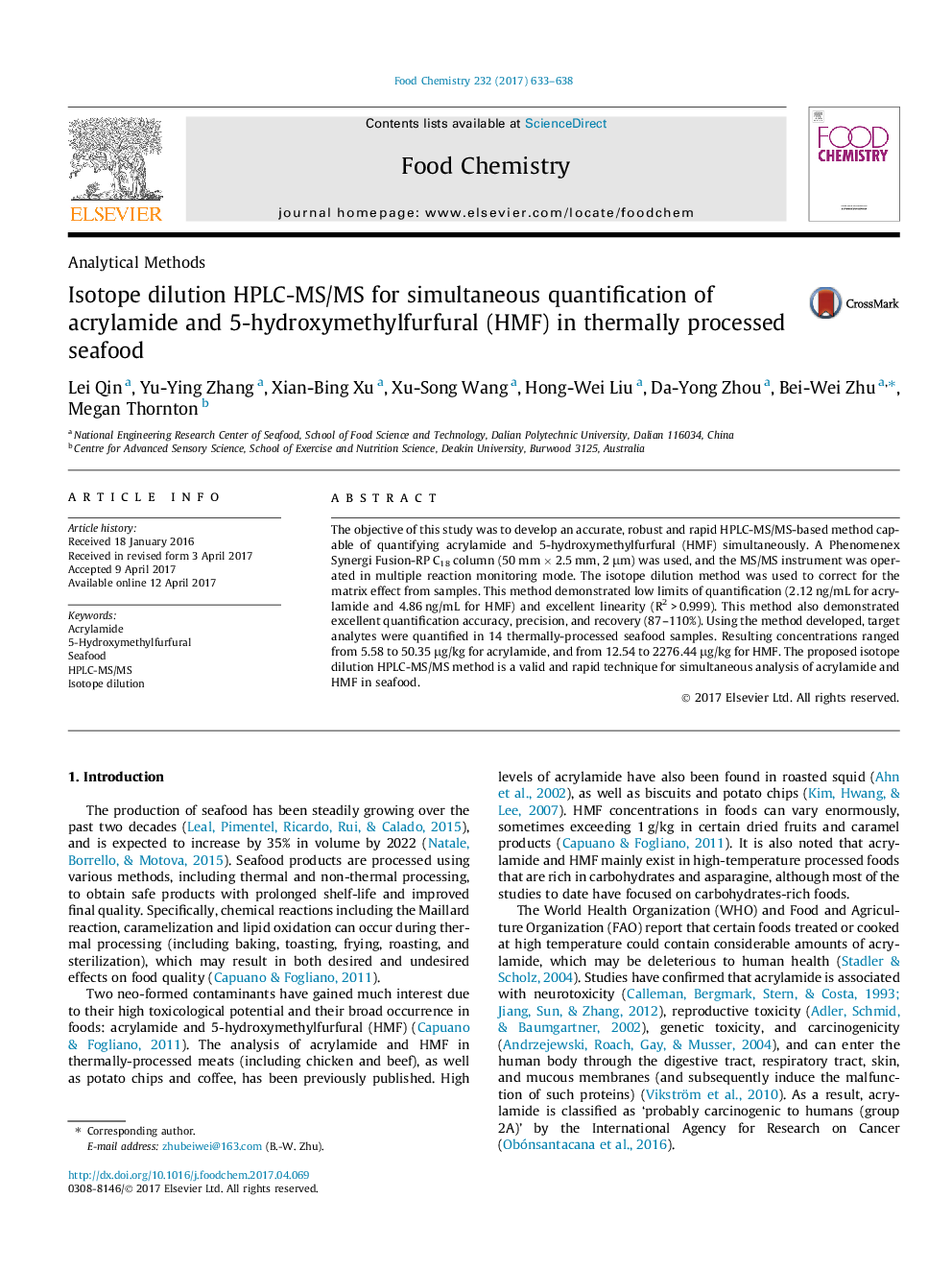 Isotope dilution HPLC-MS/MS for simultaneous quantification of acrylamide and 5-hydroxymethylfurfural (HMF) in thermally processed seafood