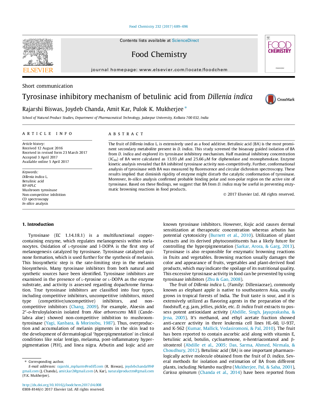 Tyrosinase inhibitory mechanism of betulinic acid from Dillenia indica