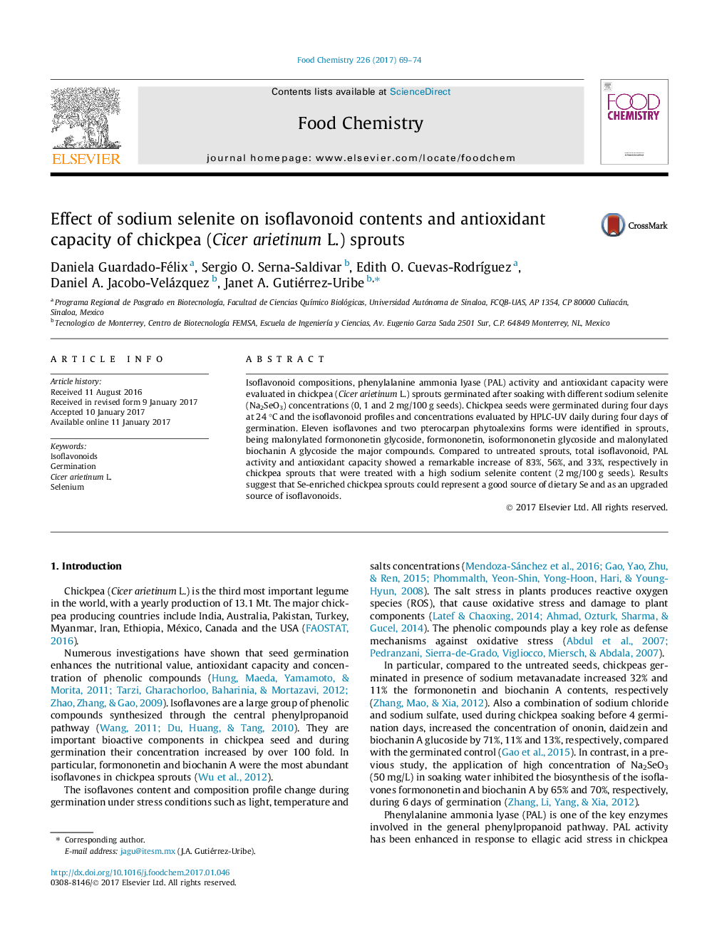 Effect of sodium selenite on isoflavonoid contents and antioxidant capacity of chickpea (Cicer arietinum L.) sprouts