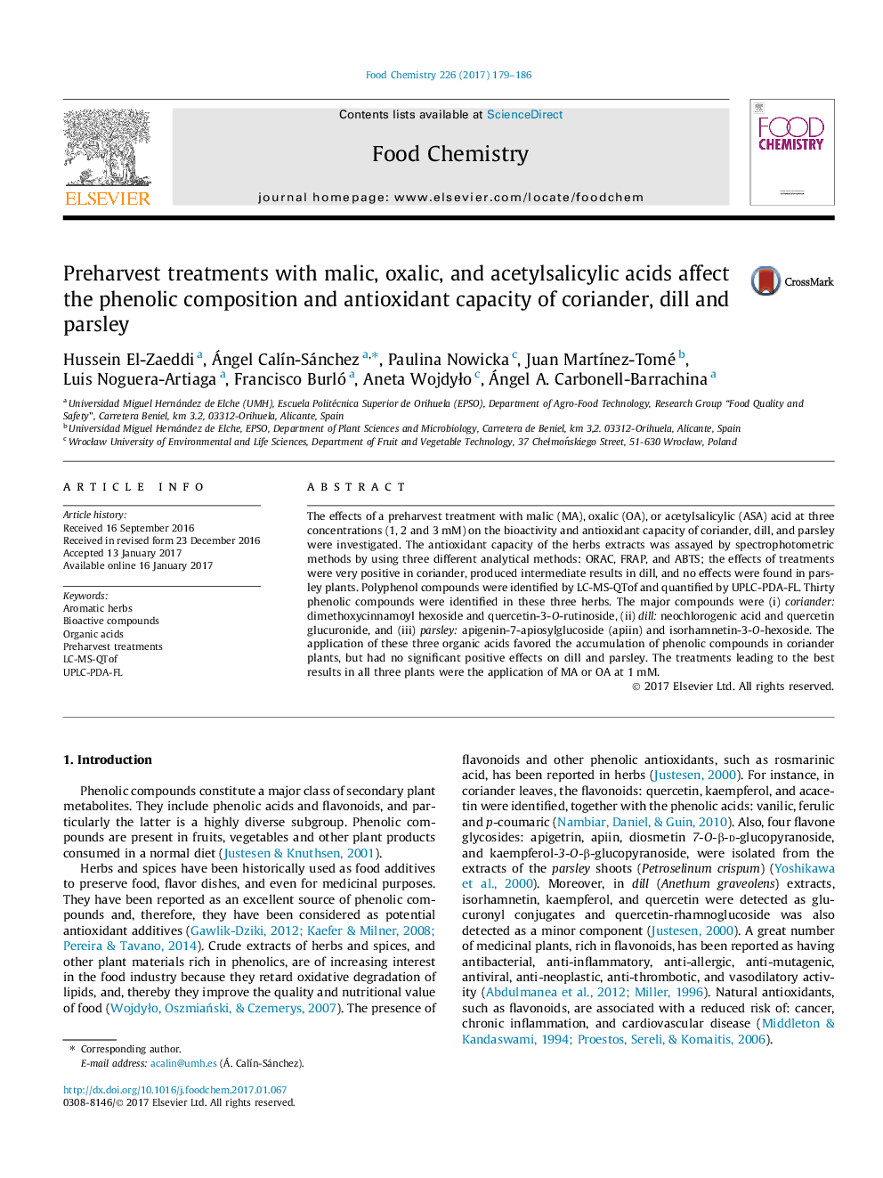 Preharvest treatments with malic, oxalic, and acetylsalicylic acids affect the phenolic composition and antioxidant capacity of coriander, dill and parsley