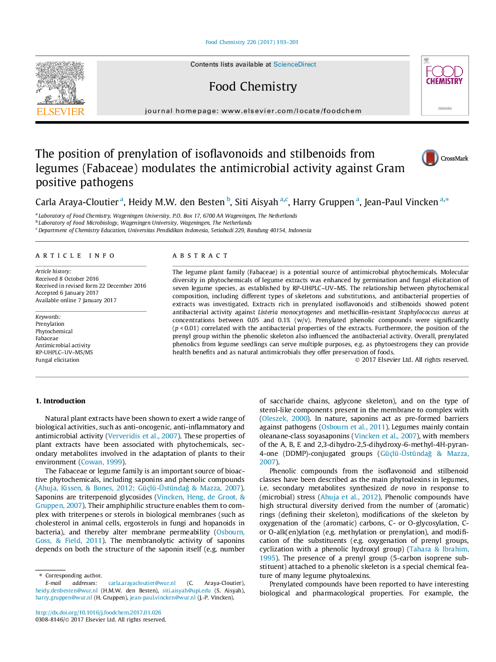 The position of prenylation of isoflavonoids and stilbenoids from legumes (Fabaceae) modulates the antimicrobial activity against Gram positive pathogens