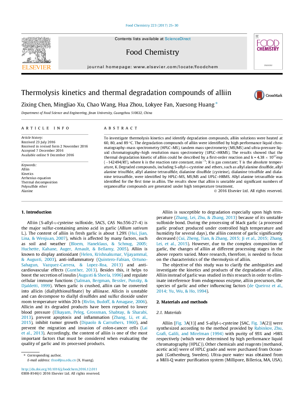 Thermolysis kinetics and thermal degradation compounds of alliin