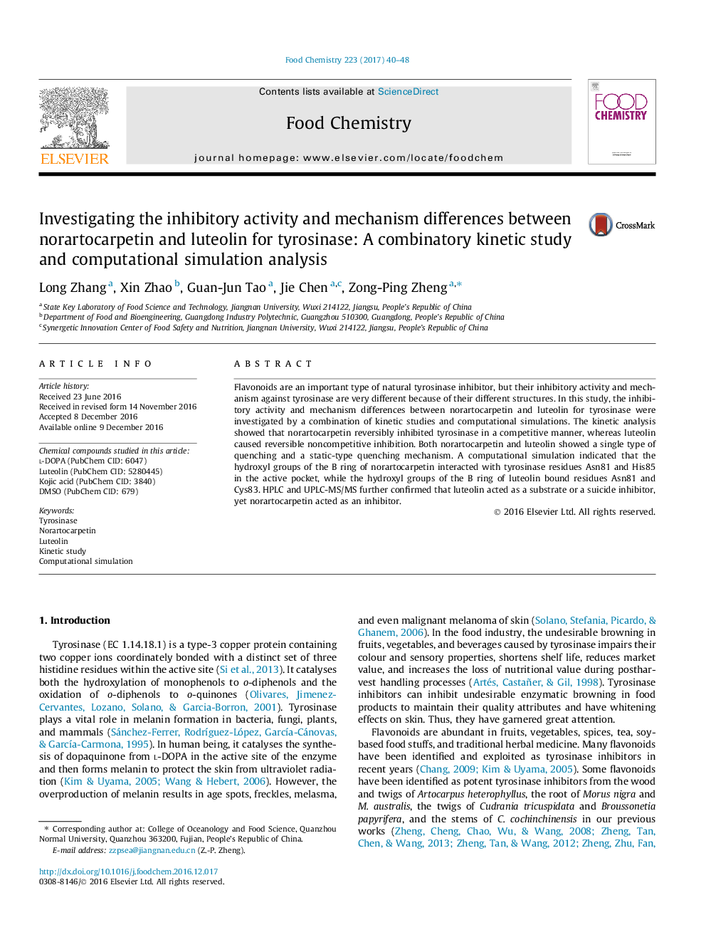 Investigating the inhibitory activity and mechanism differences between norartocarpetin and luteolin for tyrosinase: A combinatory kinetic study and computational simulation analysis