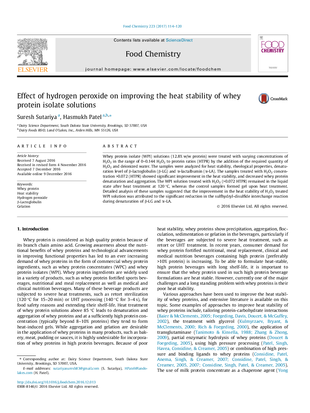 Effect of hydrogen peroxide on improving the heat stability of whey protein isolate solutions