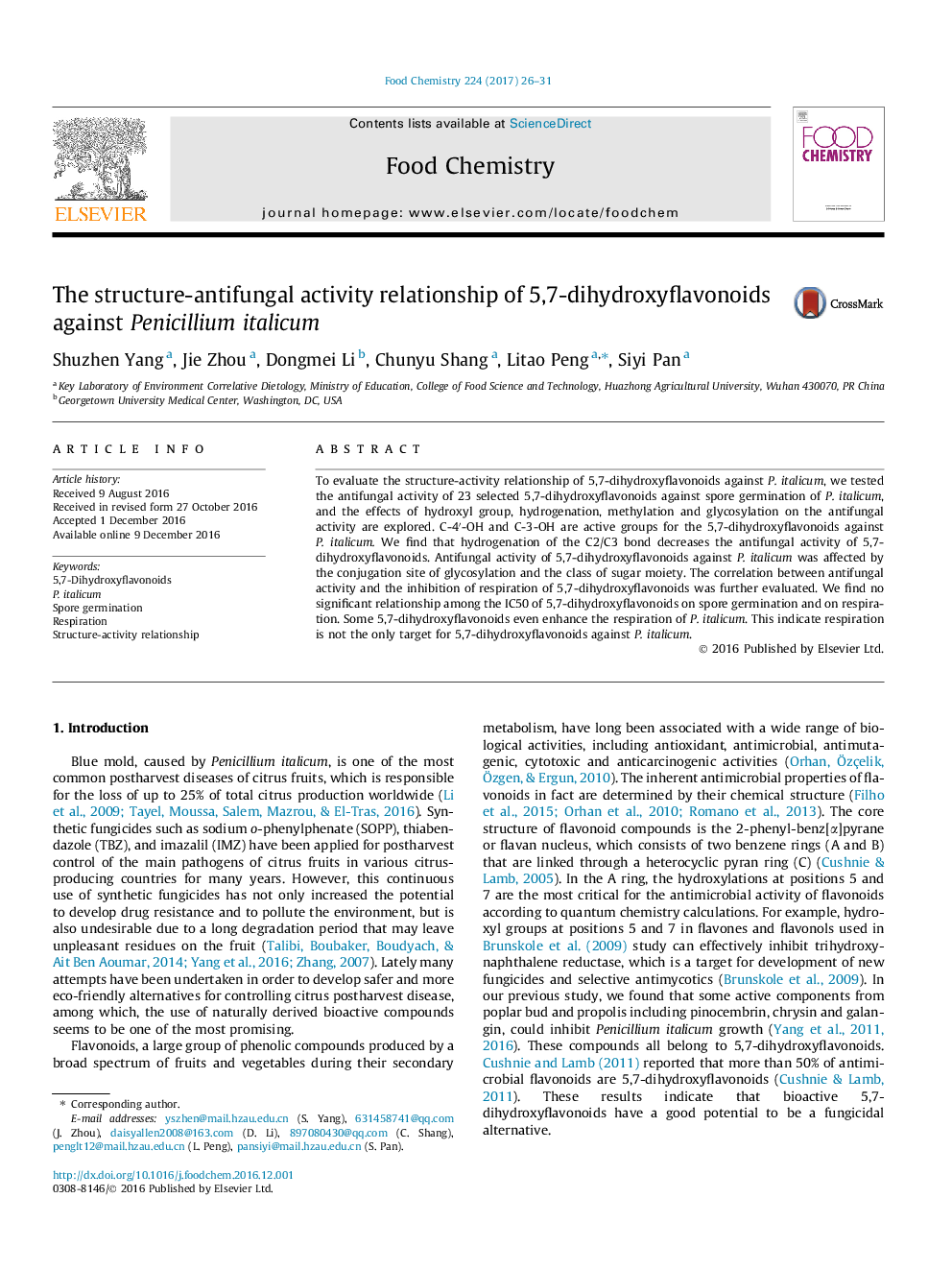 The structure-antifungal activity relationship of 5,7-dihydroxyflavonoids against Penicillium italicum