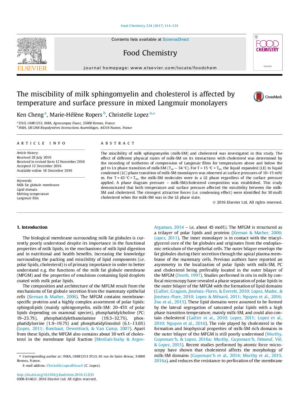 The miscibility of milk sphingomyelin and cholesterol is affected by temperature and surface pressure in mixed Langmuir monolayers