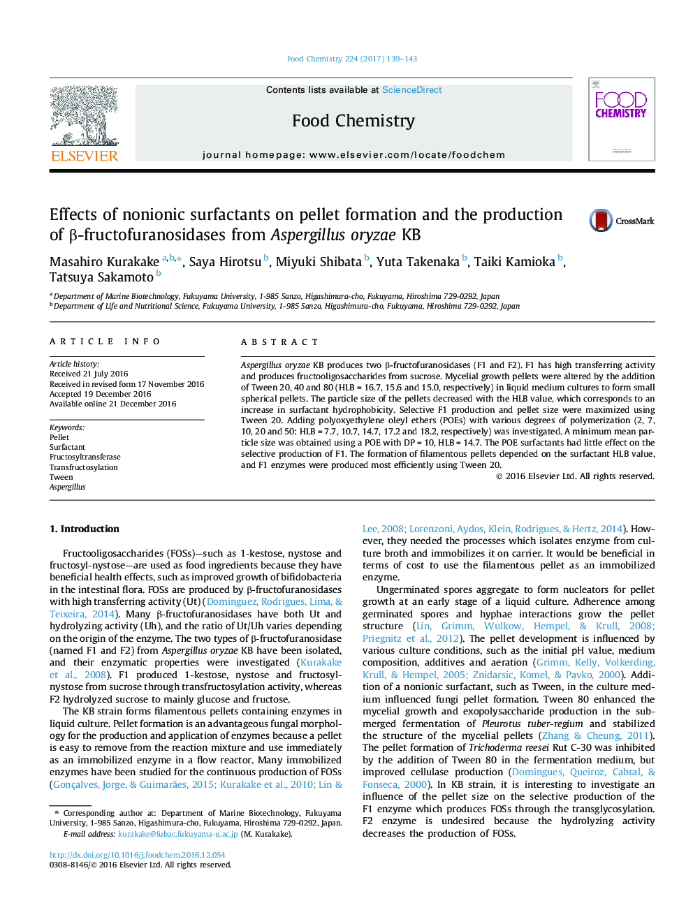 Effects of nonionic surfactants on pellet formation and the production of Î²-fructofuranosidases from Aspergillus oryzae KB