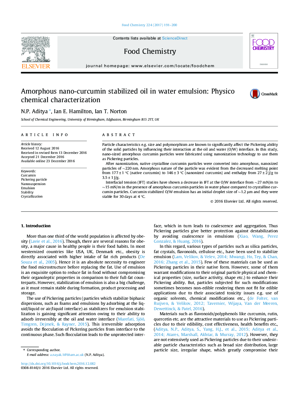 Amorphous nano-curcumin stabilized oil in water emulsion: Physico chemical characterization