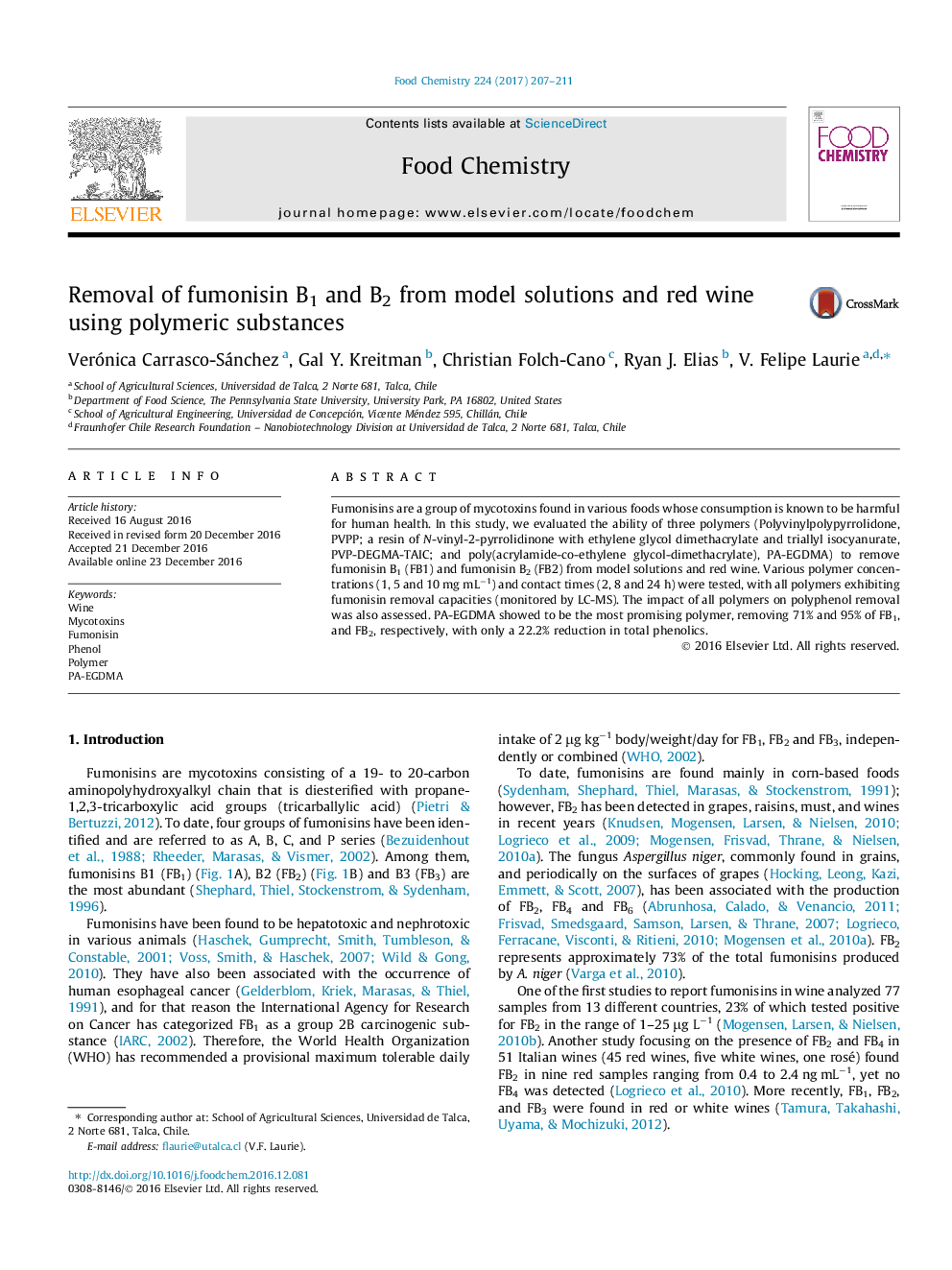 Removal of fumonisin B1 and B2 from model solutions and red wine using polymeric substances