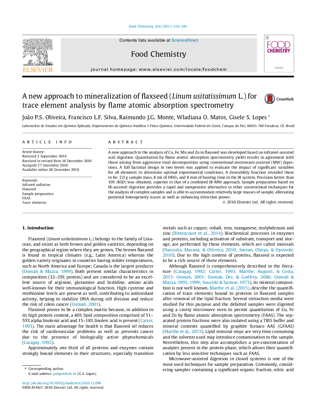 A new approach to mineralization of flaxseed (Linum usitatissimum L.) for trace element analysis by flame atomic absorption spectrometry