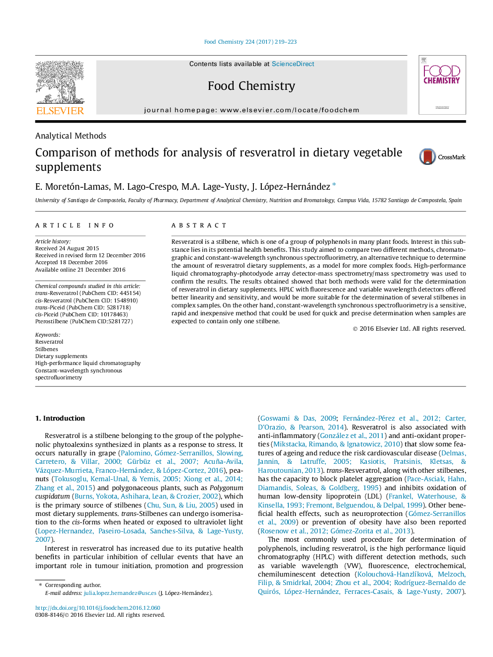 Comparison of methods for analysis of resveratrol in dietary vegetable supplements