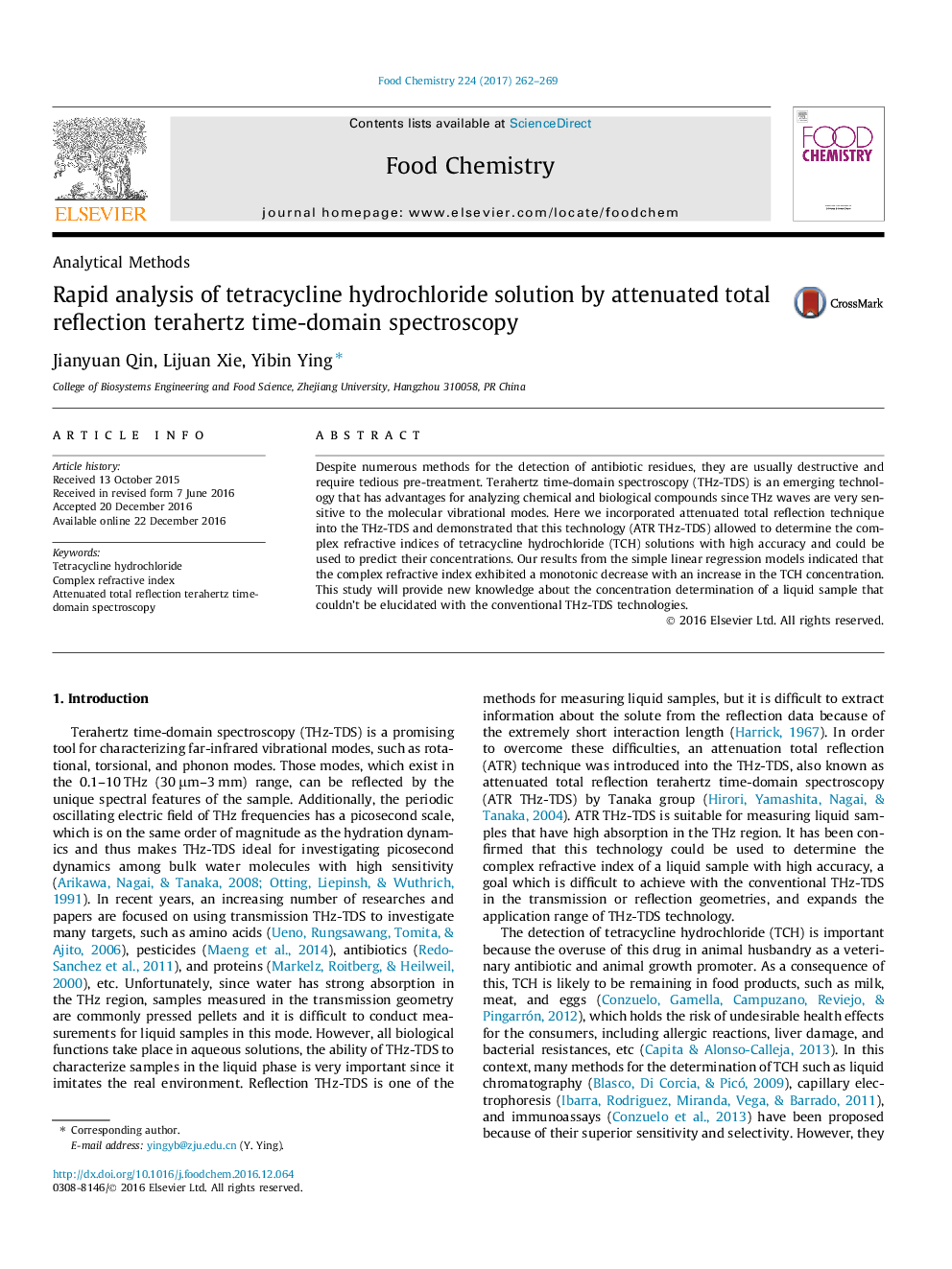 Rapid analysis of tetracycline hydrochloride solution by attenuated total reflection terahertz time-domain spectroscopy