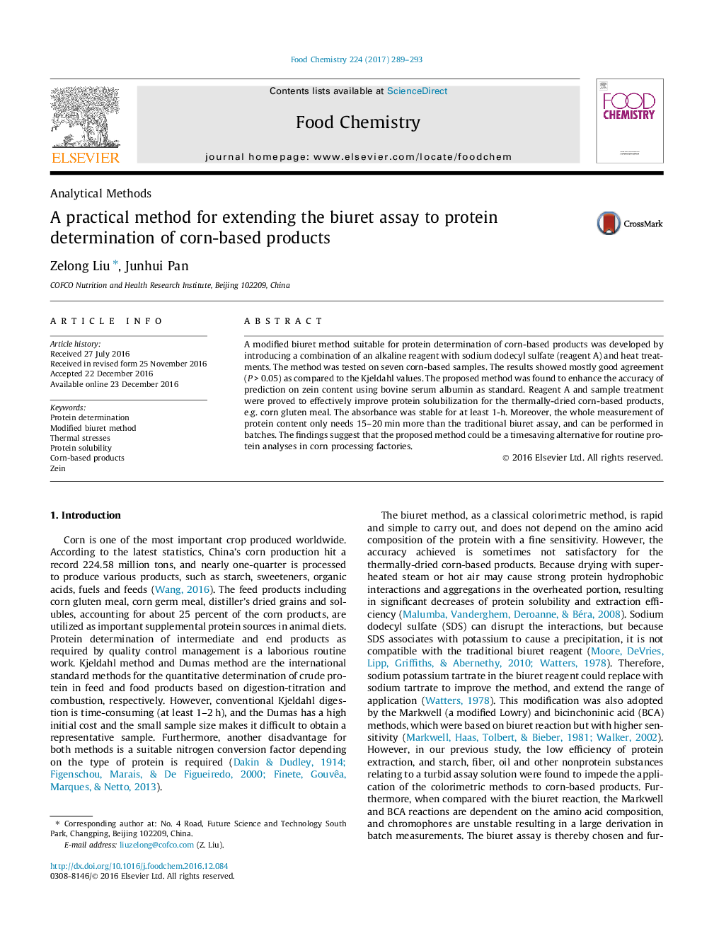 A practical method for extending the biuret assay to protein determination of corn-based products