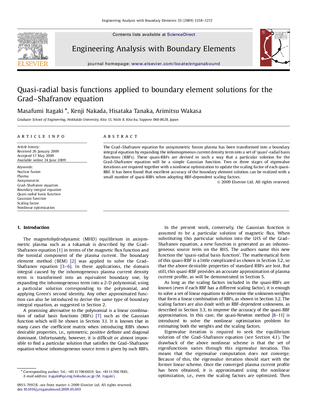 Quasi-radial basis functions applied to boundary element solutions for the Grad–Shafranov equation