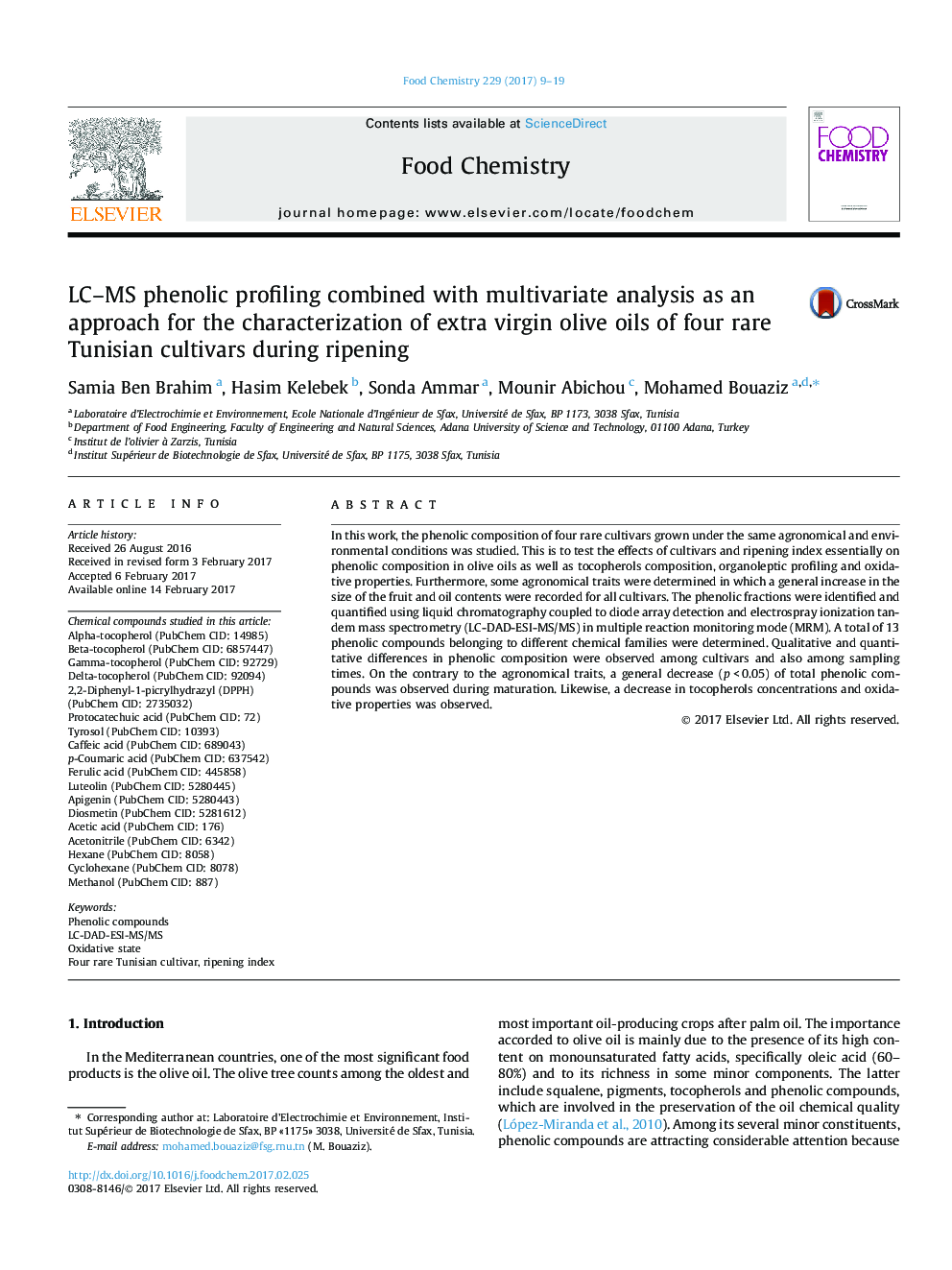 LC-MS phenolic profiling combined with multivariate analysis as an approach for the characterization of extra virgin olive oils of four rare Tunisian cultivars during ripening