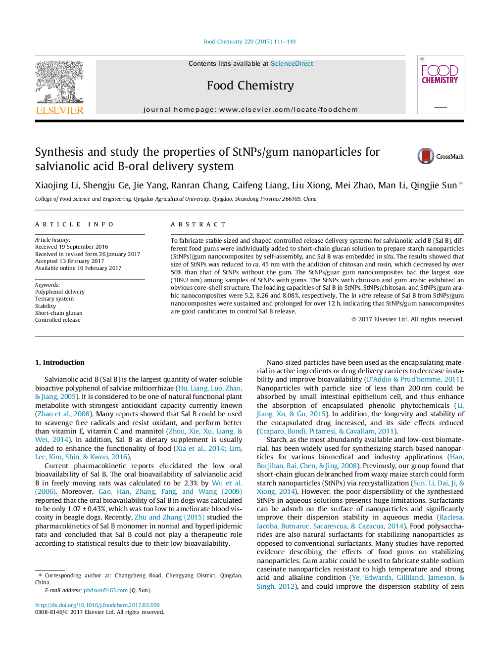 عکس صفحه اول مقاله: Synthesis and study the properties of StNPs/gum nanoparticles for salvianolic acid B-oral delivery system Synthesis and study the properties of StNPs/gum nanoparticles for salvianolic acid B-oral delivery system