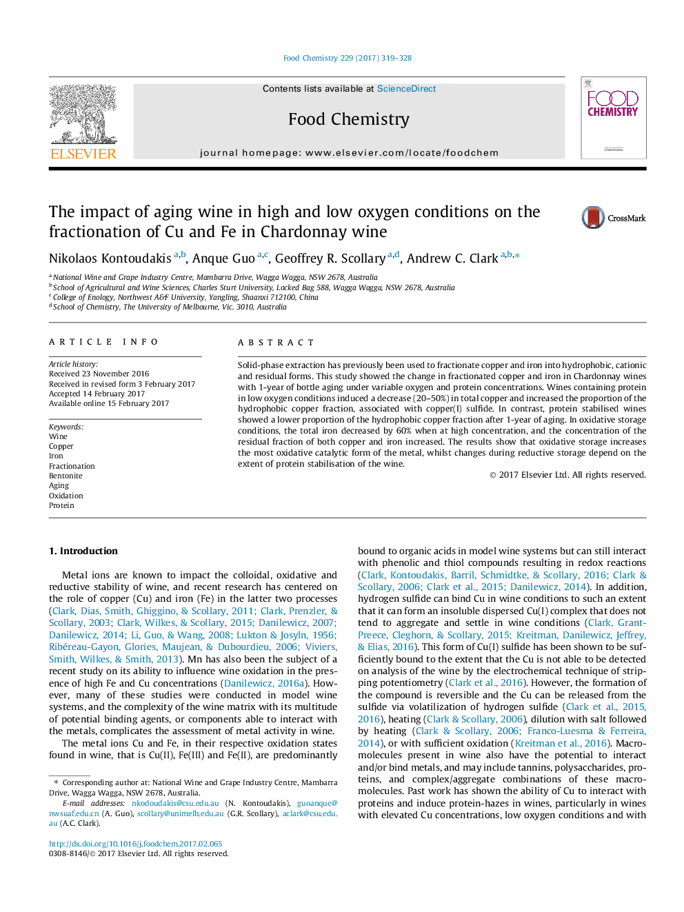 The impact of aging wine in high and low oxygen conditions on the fractionation of Cu and Fe in Chardonnay wine