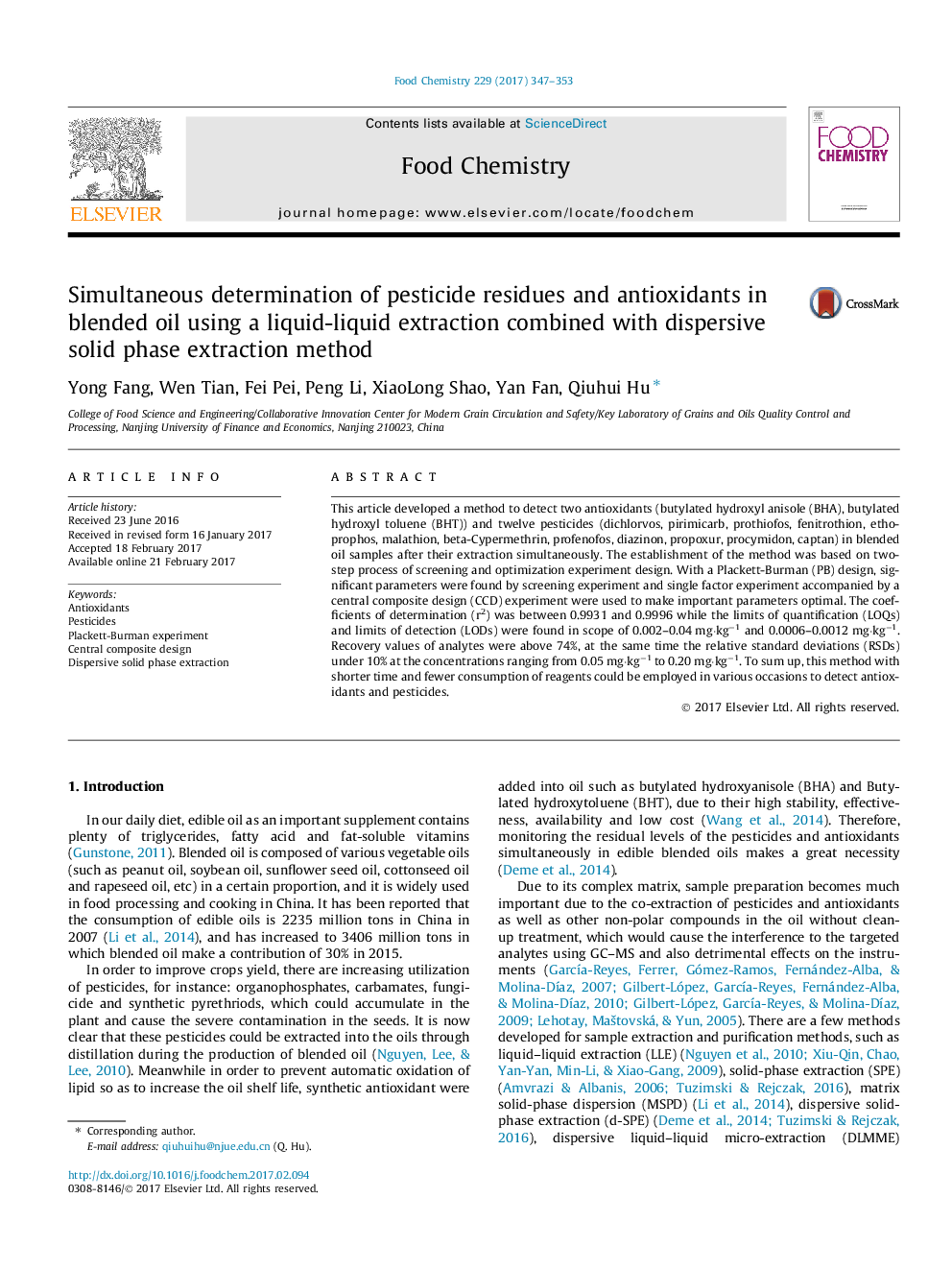 Simultaneous determination of pesticide residues and antioxidants in blended oil using a liquid-liquid extraction combined with dispersive solid phase extraction method