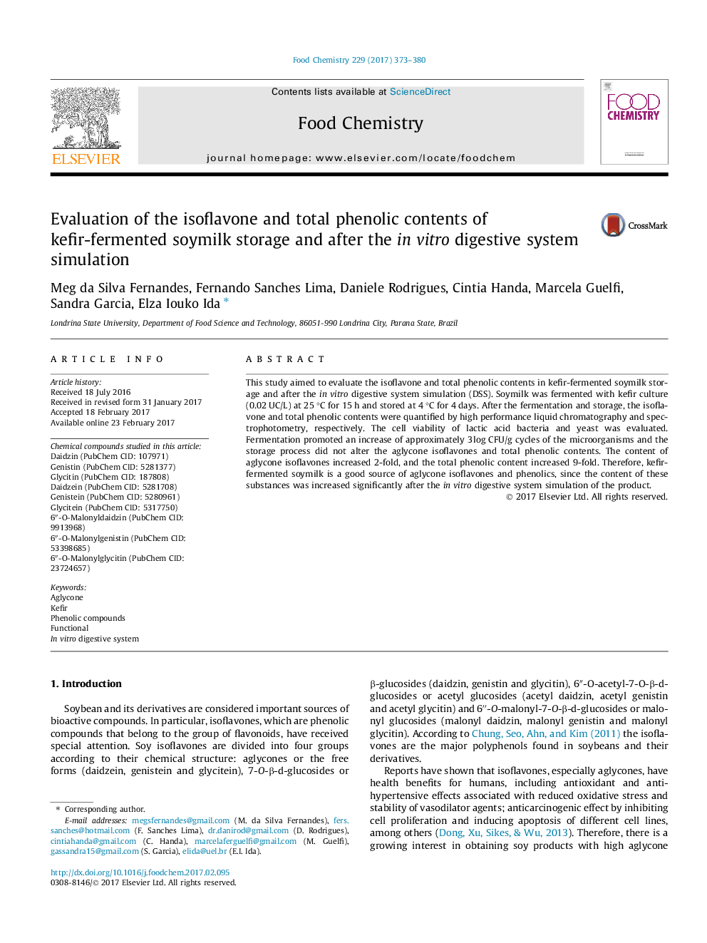 Evaluation of the isoflavone and total phenolic contents of kefir-fermented soymilk storage and after the in vitro digestive system simulation