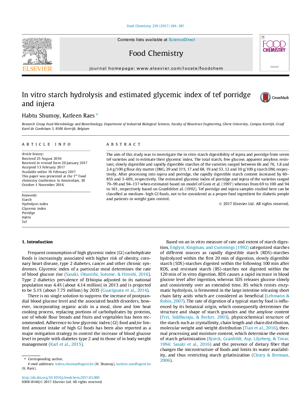 In vitro starch hydrolysis and estimated glycemic index of tef porridge and injera