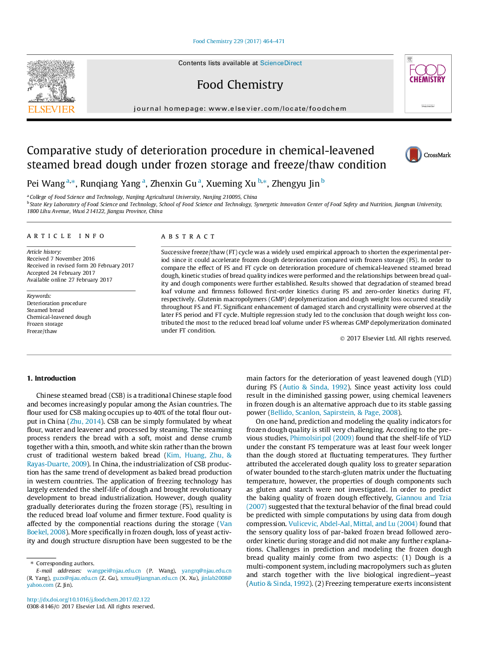 Comparative study of deterioration procedure in chemical-leavened steamed bread dough under frozen storage and freeze/thaw condition