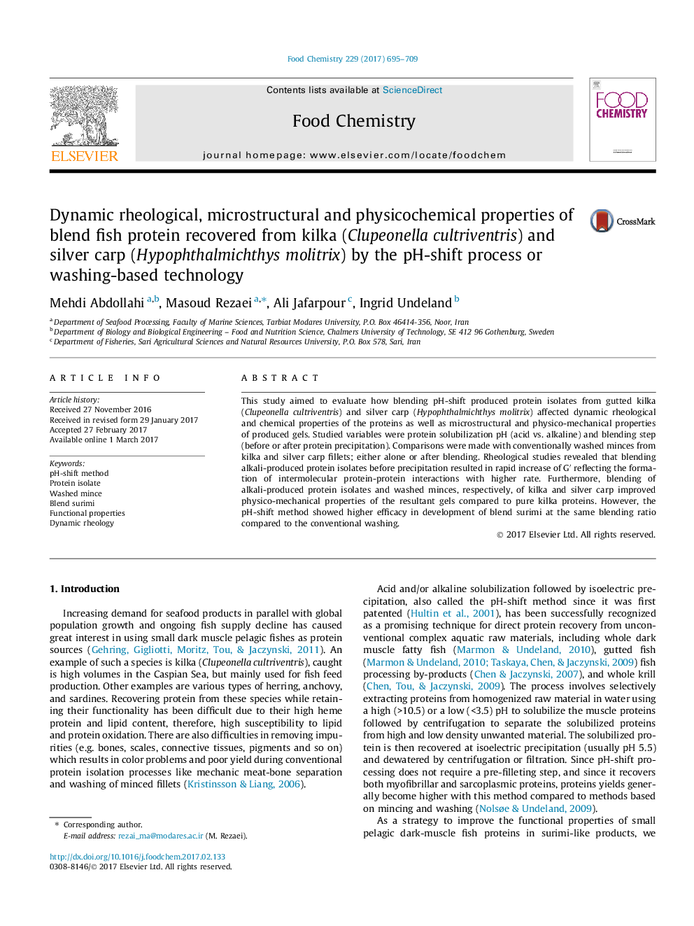 Dynamic rheological, microstructural and physicochemical properties of blend fish protein recovered from kilka (Clupeonella cultriventris) and silver carp (Hypophthalmichthys molitrix) by the pH-shift process or washing-based technology