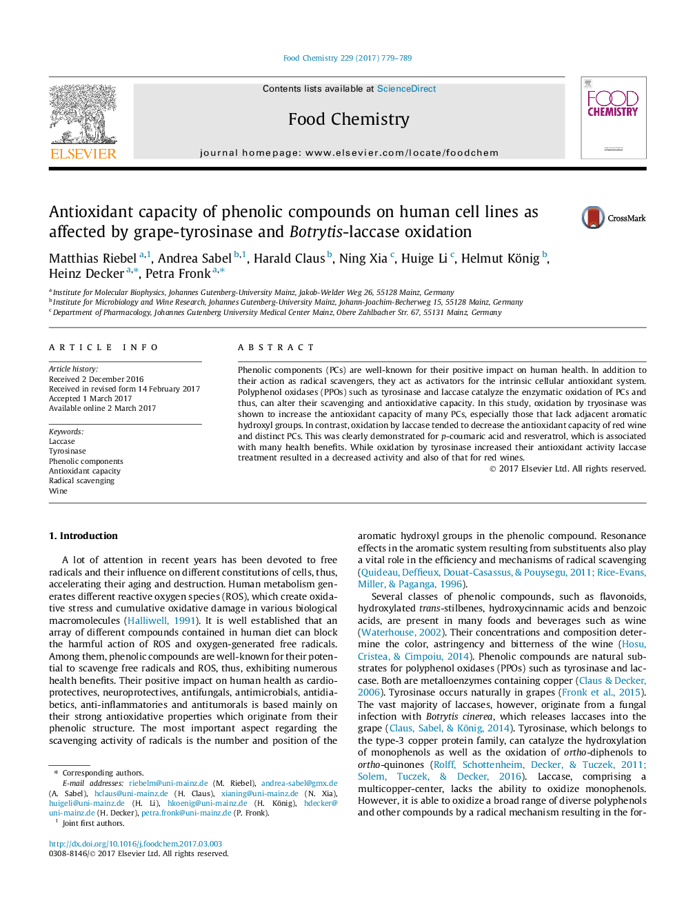 Antioxidant capacity of phenolic compounds on human cell lines as affected by grape-tyrosinase and Botrytis-laccase oxidation