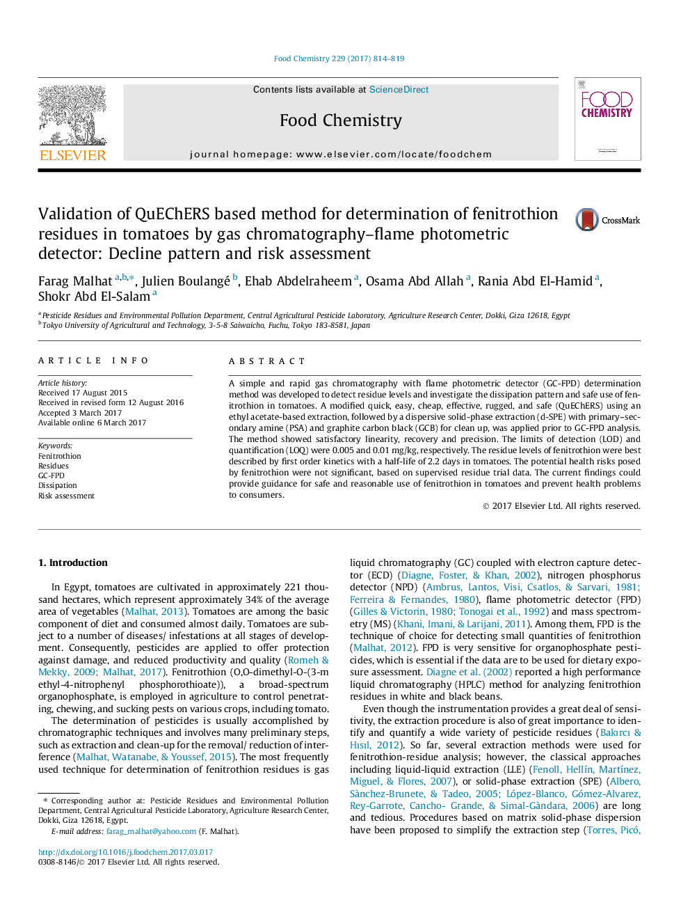 Validation of QuEChERS based method for determination of fenitrothion residues in tomatoes by gas chromatography-flame photometric detector: Decline pattern and risk assessment