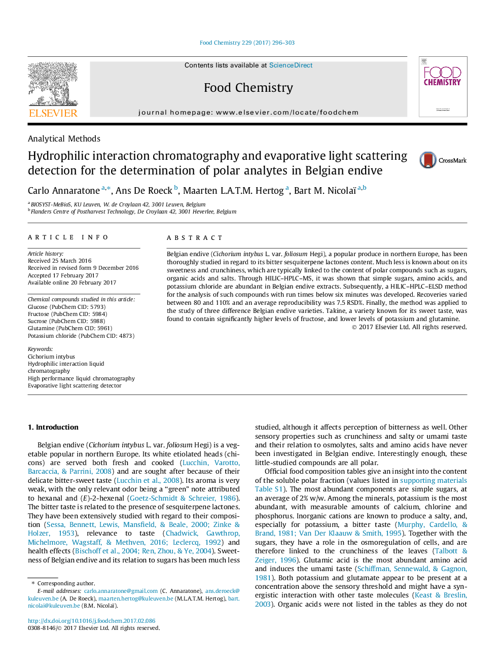 Hydrophilic interaction chromatography and evaporative light scattering detection for the determination of polar analytes in Belgian endive