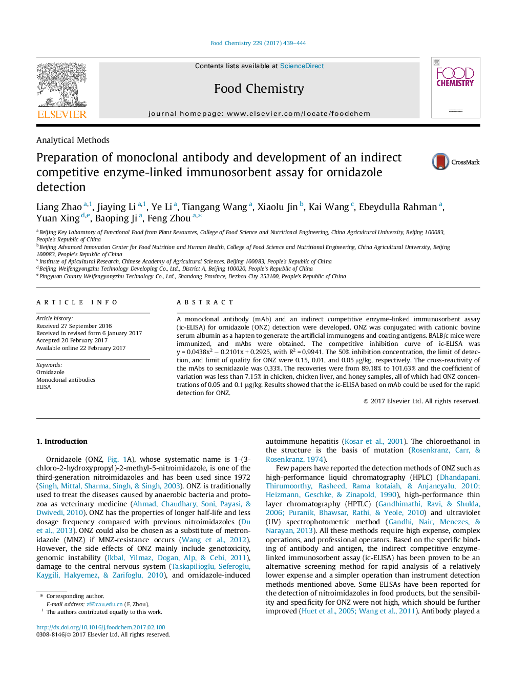 Preparation of monoclonal antibody and development of an indirect competitive enzyme-linked immunosorbent assay for ornidazole detection