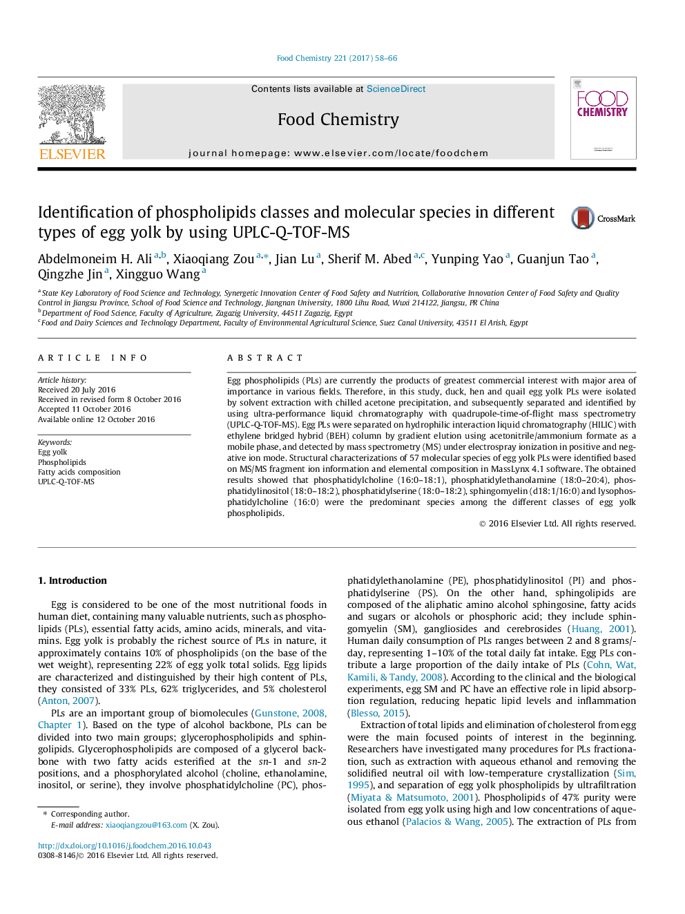 Identification of phospholipids classes and molecular species in different types of egg yolk by using UPLC-Q-TOF-MS