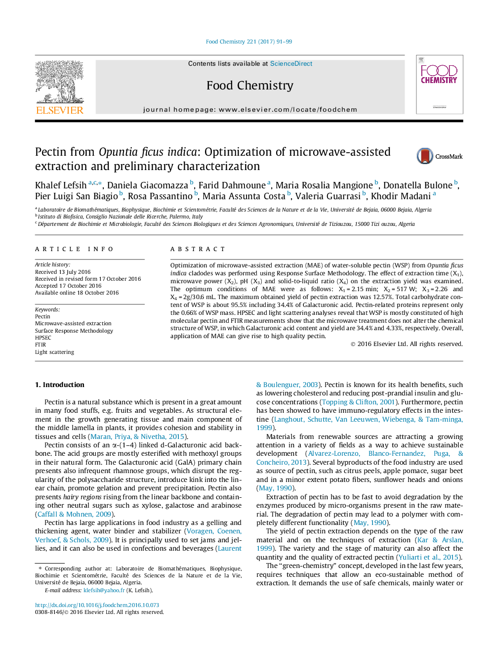 Pectin from Opuntia ficus indica: Optimization of microwave-assisted extraction and preliminary characterization