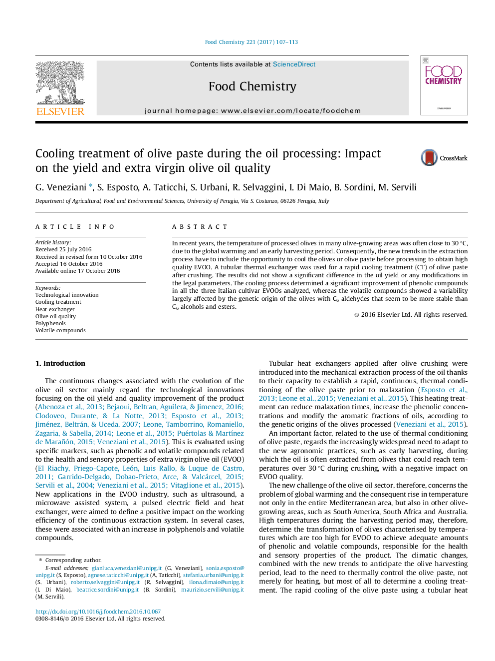 عکس صفحه اول مقاله: Cooling treatment of olive paste during the oil processing: Impact on the yield and extra virgin olive oil quality Cooling treatment of olive paste during the oil processing: Impact on the yield and extra virgin olive oil quality